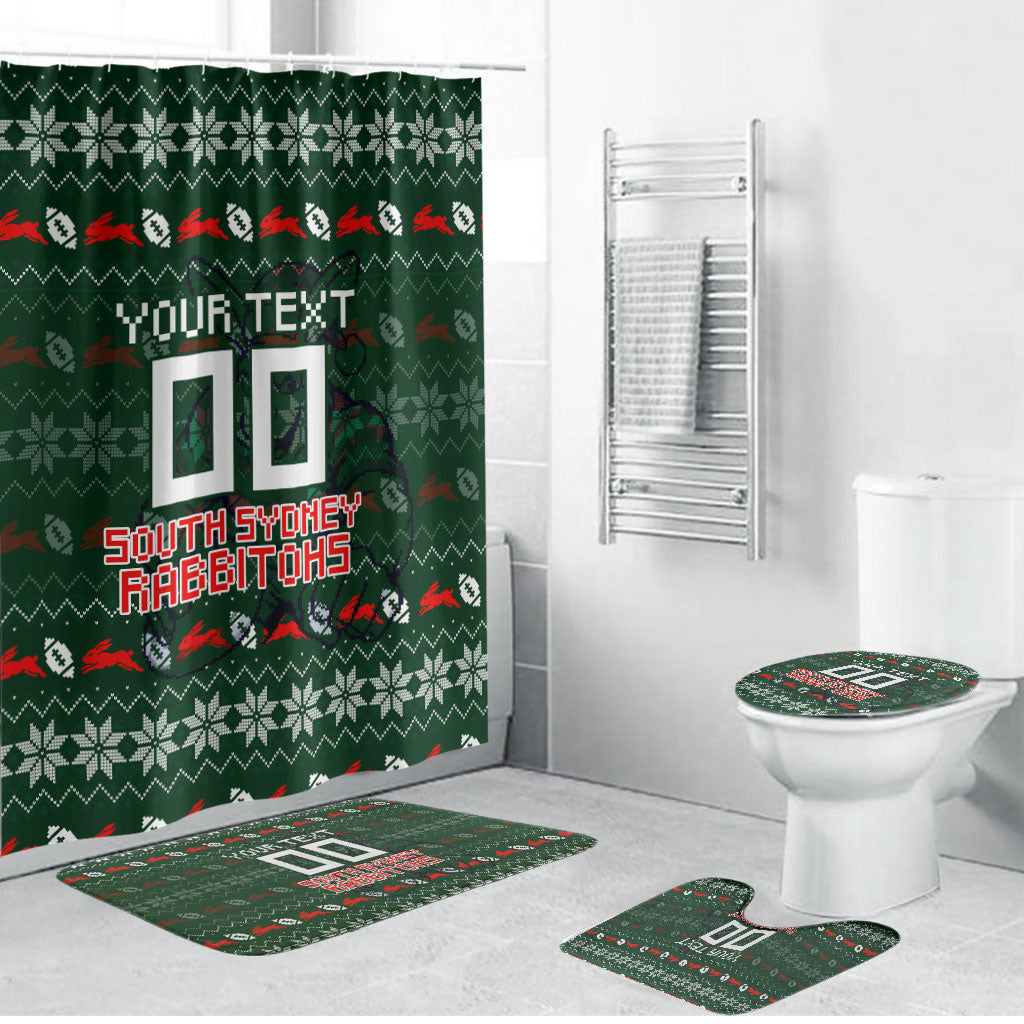 Personalized South Sydney Rabbitohs Christmas Bathroom Set Australian Rugby Fans - Pixelated Ugly Xmas Pattern Mascot Santa