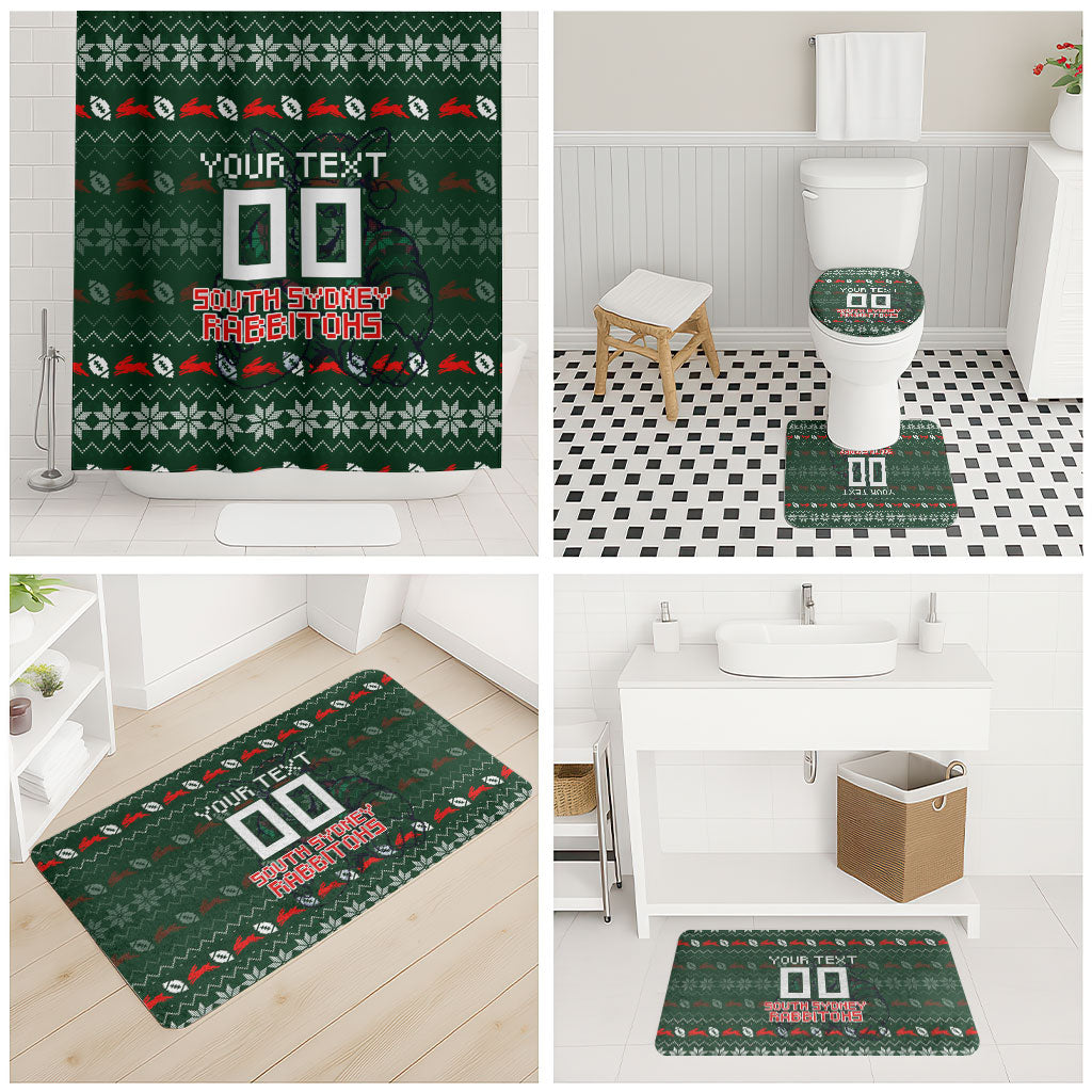 Personalized South Sydney Rabbitohs Christmas Bathroom Set Australian Rugby Fans - Pixelated Ugly Xmas Pattern Mascot Santa