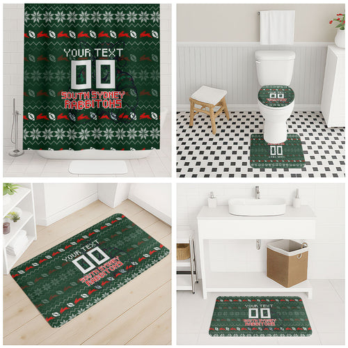 Personalized South Sydney Rabbitohs Christmas Bathroom Set Australian Rugby Fans - Pixelated Ugly Xmas Pattern Mascot Santa