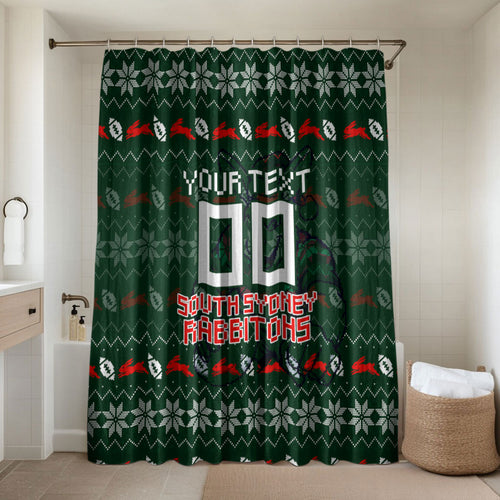 Personalized South Sydney Rabbitohs Christmas Bathroom Set Australian Rugby Fans - Pixelated Ugly Xmas Pattern Mascot Santa