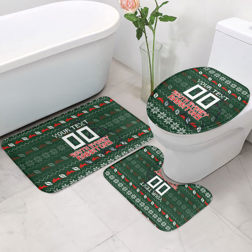Personalized South Sydney Rabbitohs Christmas Bathroom Set Australian Rugby Fans - Pixelated Ugly Xmas Pattern Mascot Santa