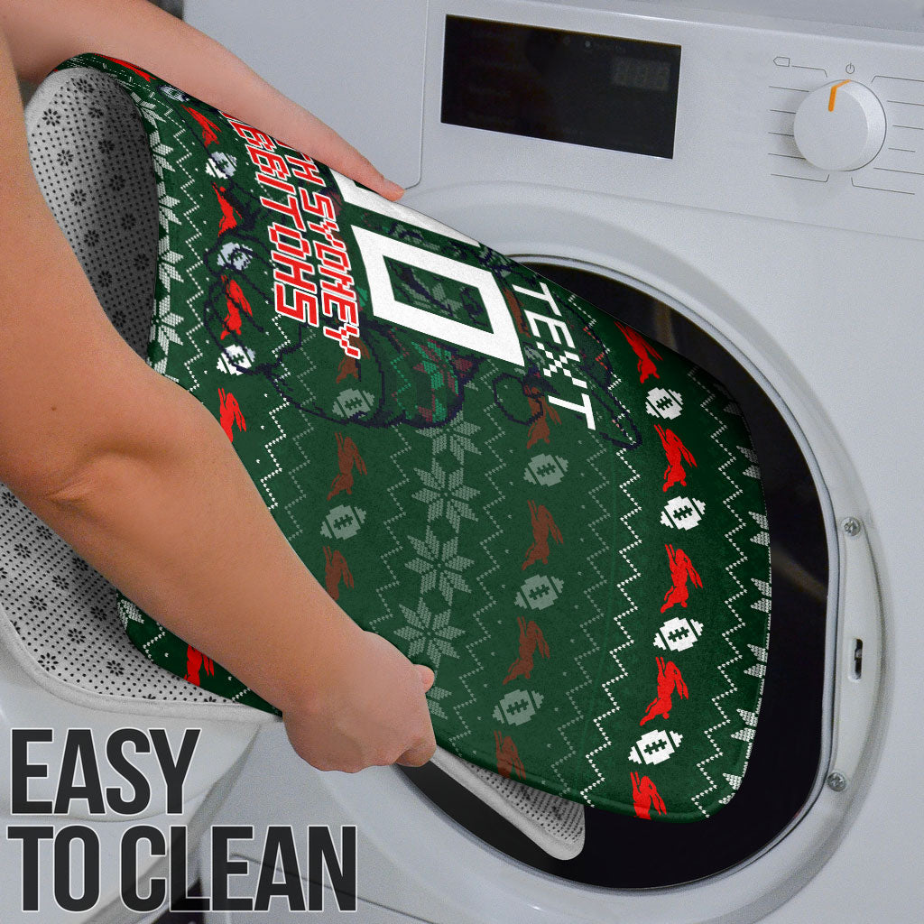 Personalized South Sydney Rabbitohs Christmas Bathroom Set Australian Rugby Fans - Pixelated Ugly Xmas Pattern Mascot Santa