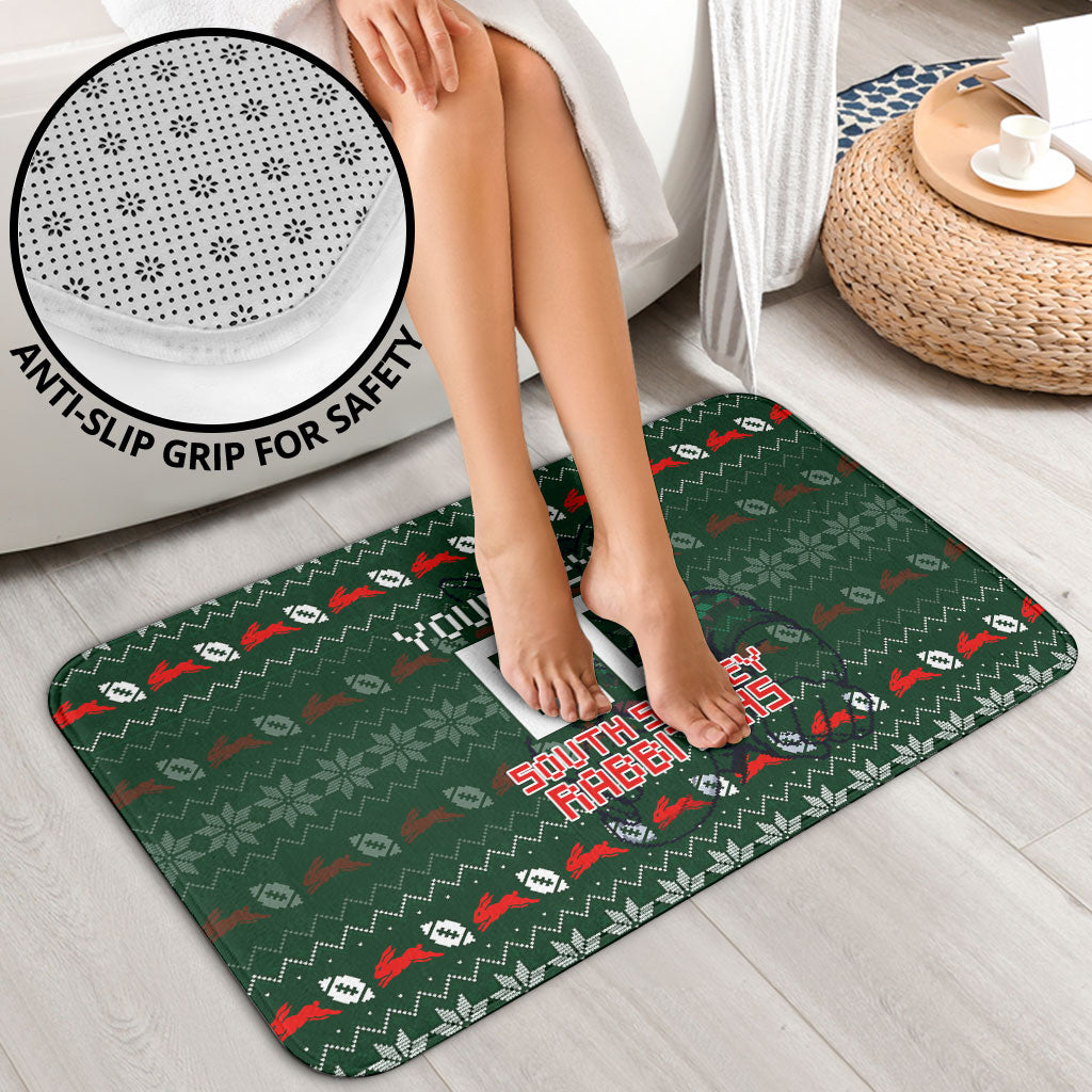 Personalized South Sydney Rabbitohs Christmas Bathroom Set Australian Rugby Fans - Pixelated Ugly Xmas Pattern Mascot Santa