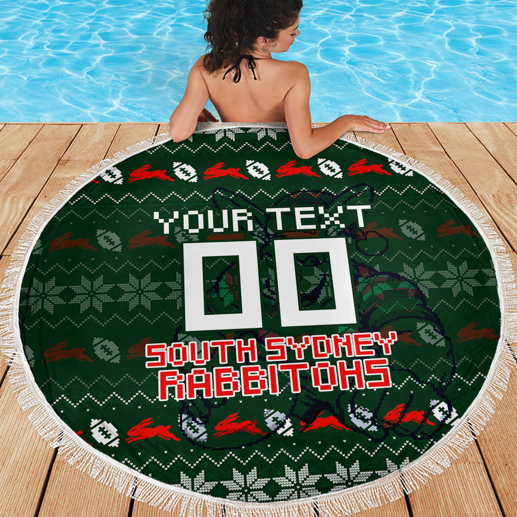 Personalized South Sydney Rabbitohs Christmas Beach Blanket Australian Rugby Fans - Pixelated Ugly Xmas Pattern Mascot Santa