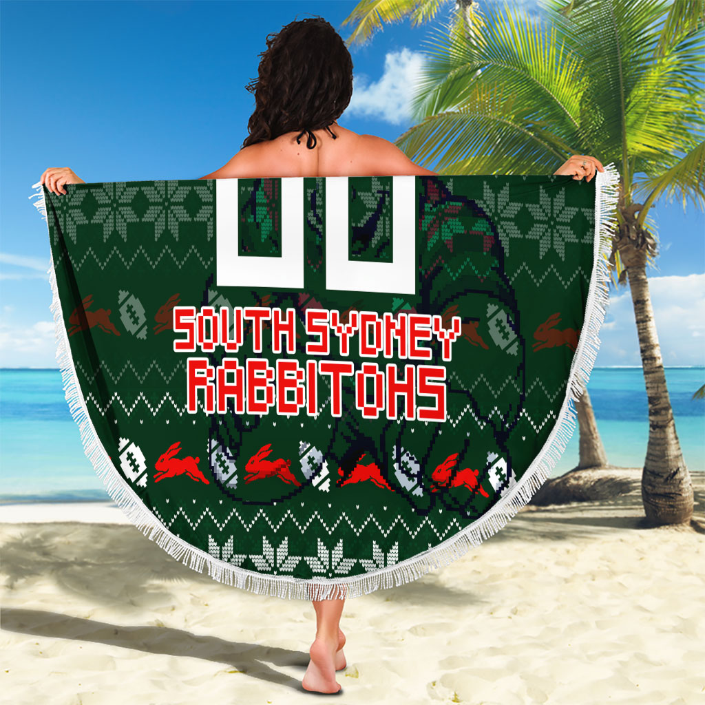 Personalized South Sydney Rabbitohs Christmas Beach Blanket Australian Rugby Fans - Pixelated Ugly Xmas Pattern Mascot Santa