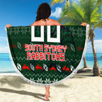 Personalized South Sydney Rabbitohs Christmas Beach Blanket Australian Rugby Fans - Pixelated Ugly Xmas Pattern Mascot Santa