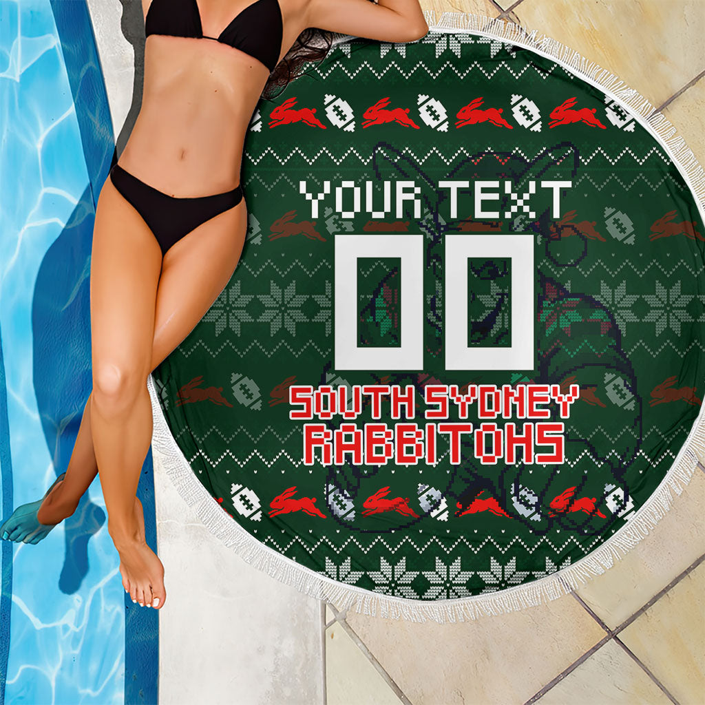 Personalized South Sydney Rabbitohs Christmas Beach Blanket Australian Rugby Fans - Pixelated Ugly Xmas Pattern Mascot Santa