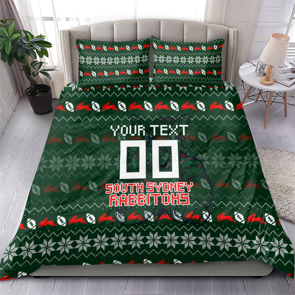 Personalized South Sydney Rabbitohs Christmas Bedding Set Australian Rugby Fans - Pixelated Ugly Xmas Pattern Mascot Santa