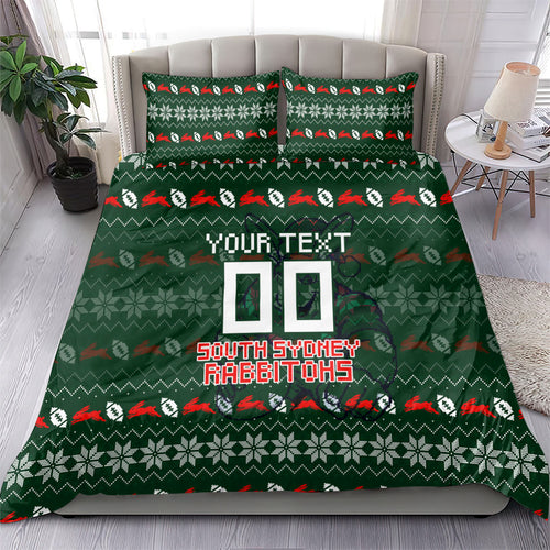 Personalized South Sydney Rabbitohs Christmas Bedding Set Australian Rugby Fans - Pixelated Ugly Xmas Pattern Mascot Santa