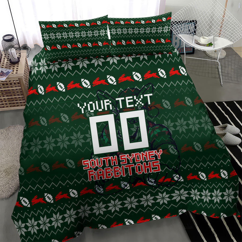 Personalized South Sydney Rabbitohs Christmas Bedding Set Australian Rugby Fans - Pixelated Ugly Xmas Pattern Mascot Santa