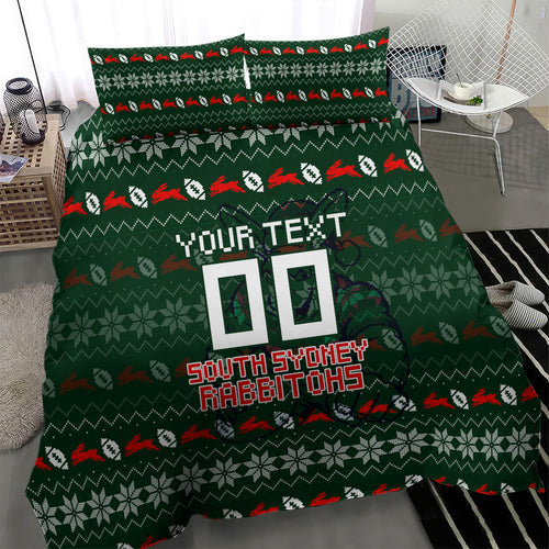 Personalized South Sydney Rabbitohs Christmas Bedding Set Australian Rugby Fans - Pixelated Ugly Xmas Pattern Mascot Santa