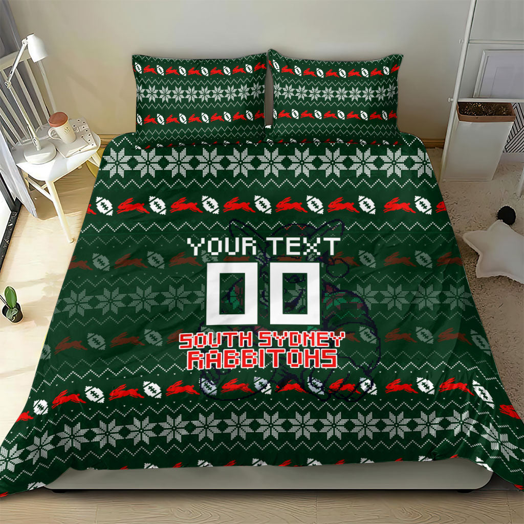 Personalized South Sydney Rabbitohs Christmas Bedding Set Australian Rugby Fans - Pixelated Ugly Xmas Pattern Mascot Santa