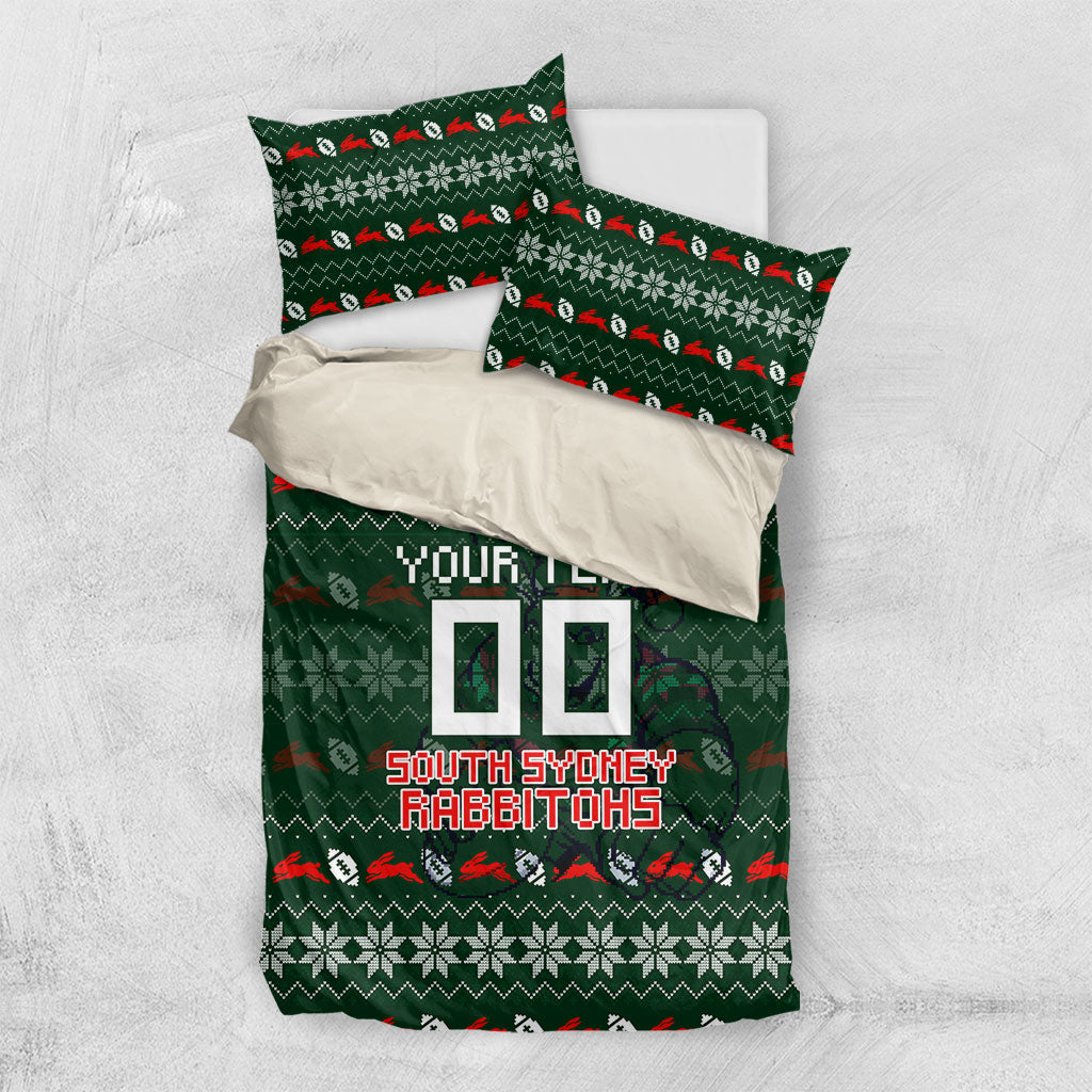 Personalized South Sydney Rabbitohs Christmas Bedding Set Australian Rugby Fans - Pixelated Ugly Xmas Pattern Mascot Santa