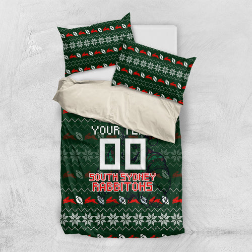 Personalized South Sydney Rabbitohs Christmas Bedding Set Australian Rugby Fans - Pixelated Ugly Xmas Pattern Mascot Santa
