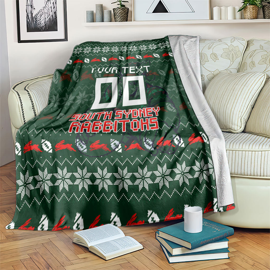Personalized South Sydney Rabbitohs Christmas Blanket Australian Rugby Fans - Pixelated Ugly Xmas Pattern Mascot Santa
