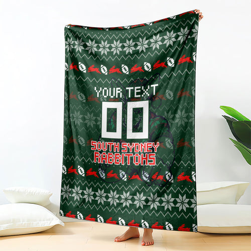 Personalized South Sydney Rabbitohs Christmas Blanket Australian Rugby Fans - Pixelated Ugly Xmas Pattern Mascot Santa