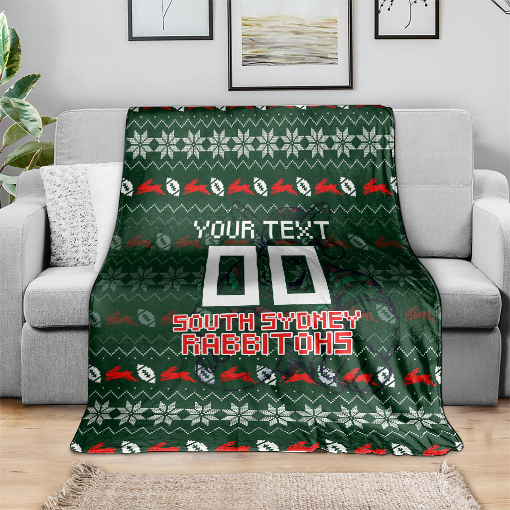 Personalized South Sydney Rabbitohs Christmas Blanket Australian Rugby Fans - Pixelated Ugly Xmas Pattern Mascot Santa