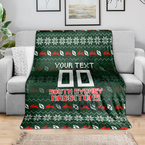 Personalized South Sydney Rabbitohs Christmas Blanket Australian Rugby Fans - Pixelated Ugly Xmas Pattern Mascot Santa