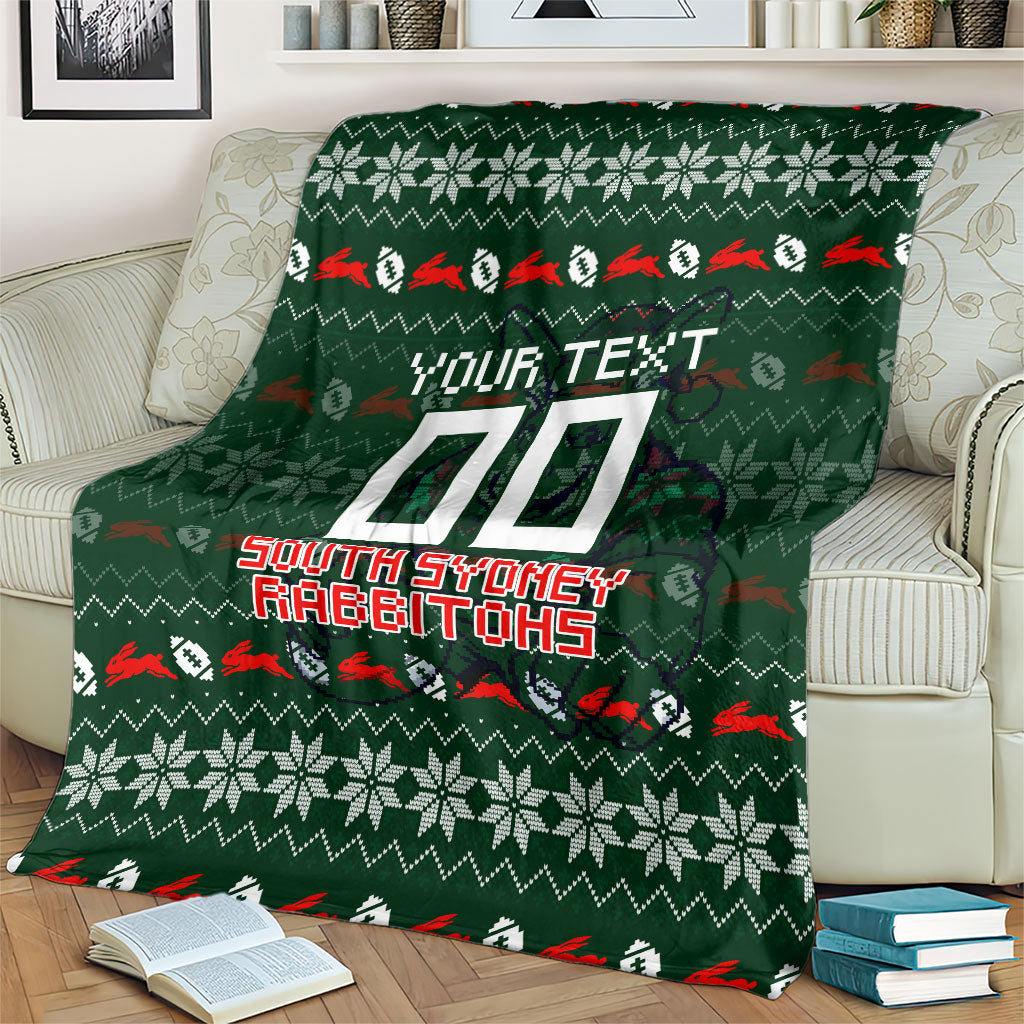 Personalized South Sydney Rabbitohs Christmas Blanket Australian Rugby Fans - Pixelated Ugly Xmas Pattern Mascot Santa