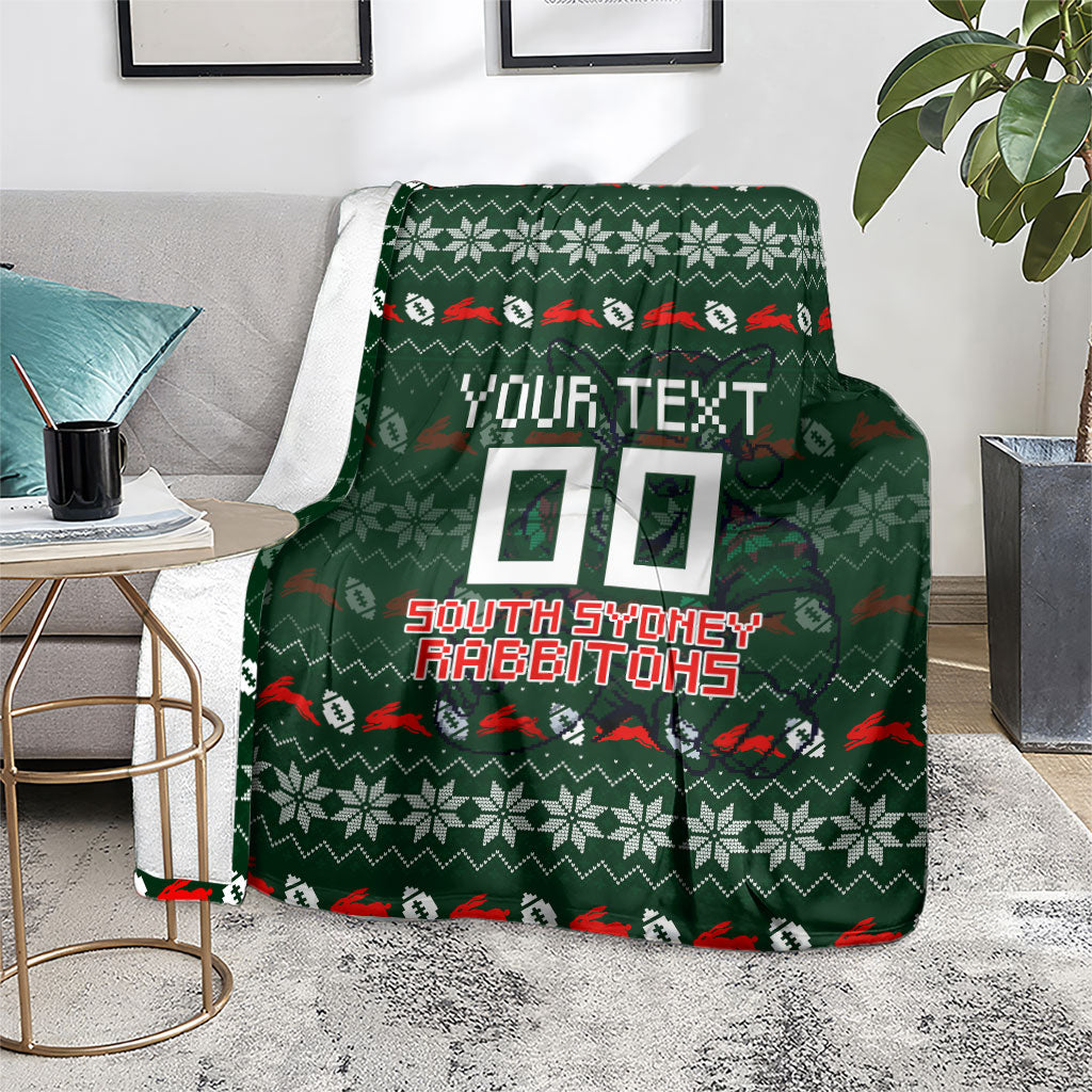 Personalized South Sydney Rabbitohs Christmas Blanket Australian Rugby Fans - Pixelated Ugly Xmas Pattern Mascot Santa