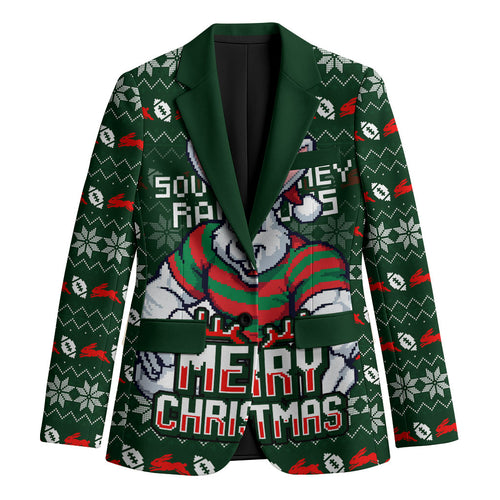 Personalized South Sydney Rabbitohs Christmas Blazer Australian Rugby Fans - Pixelated Ugly Xmas Pattern Mascot Santa