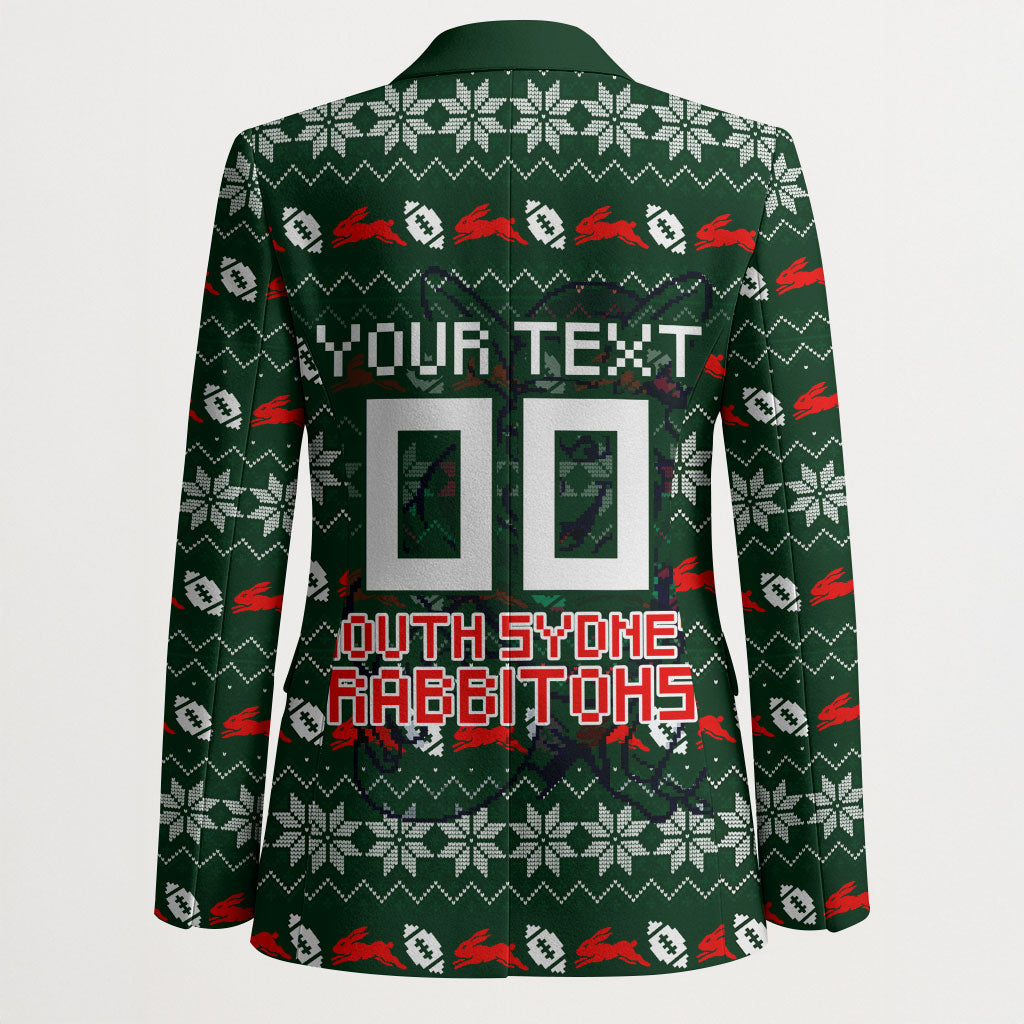 Personalized South Sydney Rabbitohs Christmas Blazer Australian Rugby Fans - Pixelated Ugly Xmas Pattern Mascot Santa