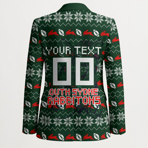 Personalized South Sydney Rabbitohs Christmas Blazer Australian Rugby Fans - Pixelated Ugly Xmas Pattern Mascot Santa