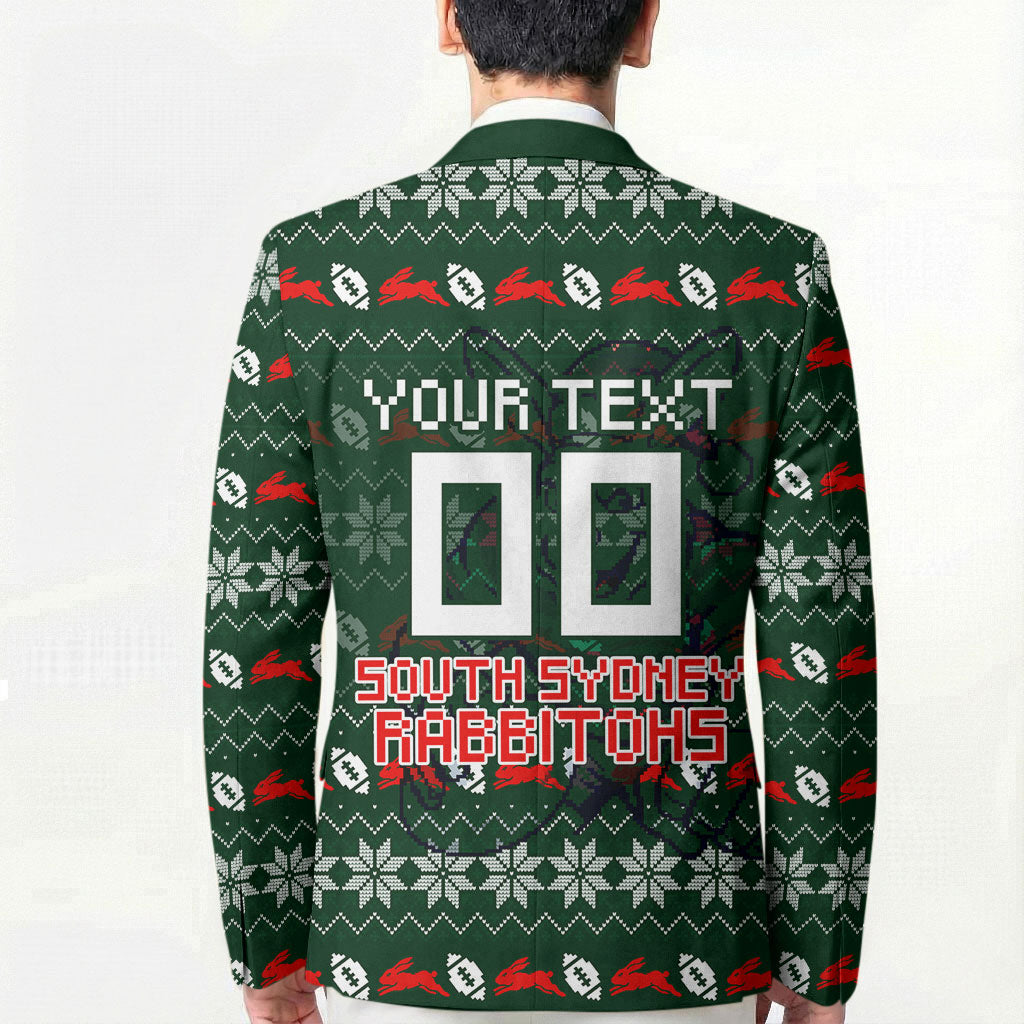 Personalized South Sydney Rabbitohs Christmas Blazer Australian Rugby Fans - Pixelated Ugly Xmas Pattern Mascot Santa