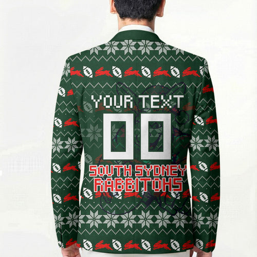 Personalized South Sydney Rabbitohs Christmas Blazer Australian Rugby Fans - Pixelated Ugly Xmas Pattern Mascot Santa