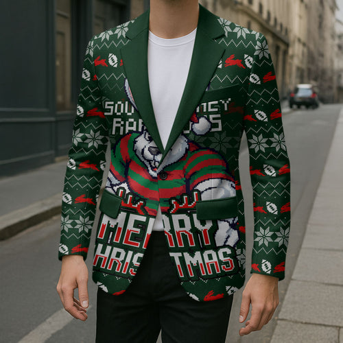 Personalized South Sydney Rabbitohs Christmas Blazer Australian Rugby Fans - Pixelated Ugly Xmas Pattern Mascot Santa