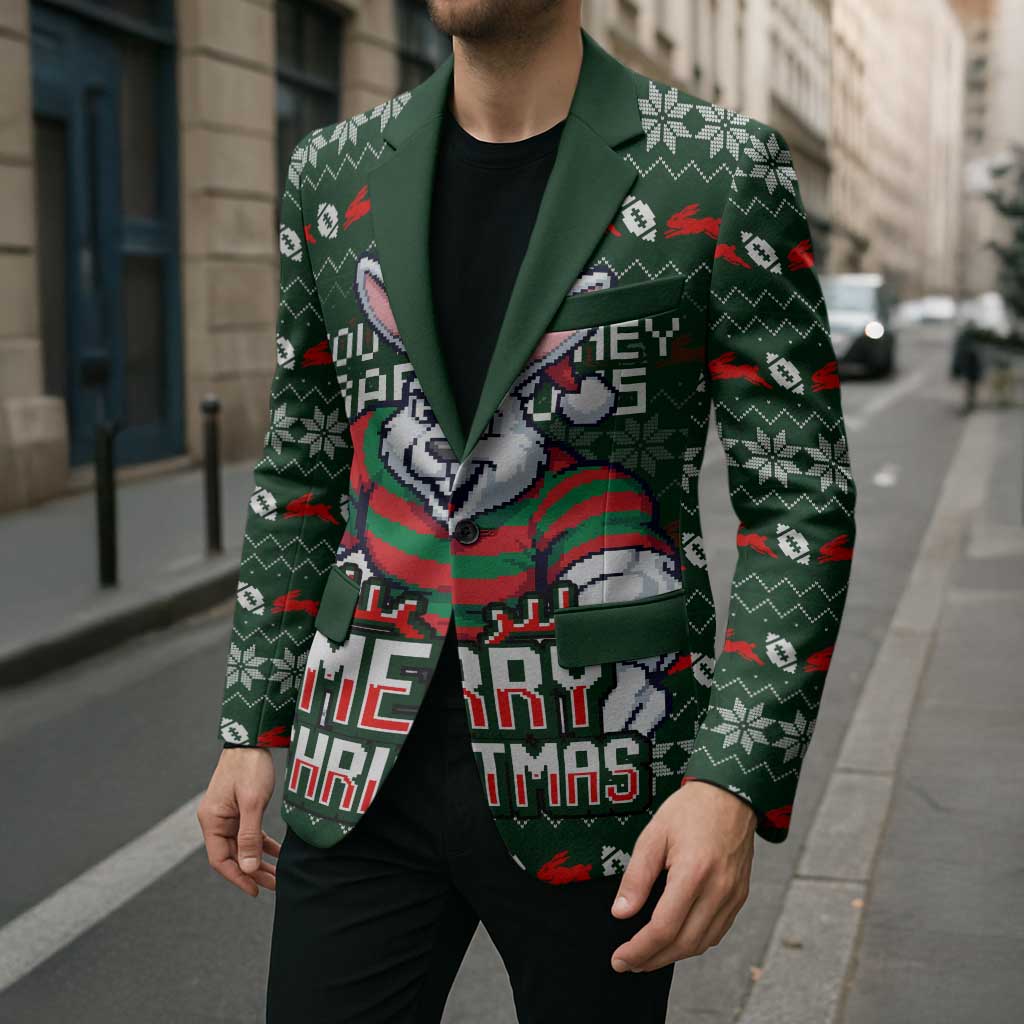 Personalized South Sydney Rabbitohs Christmas Blazer Australian Rugby Fans - Pixelated Ugly Xmas Pattern Mascot Santa