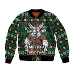 Personalized South Sydney Rabbitohs Christmas Bomber Jacket Australian Rugby Fans - Pixelated Ugly Xmas Pattern Mascot Santa