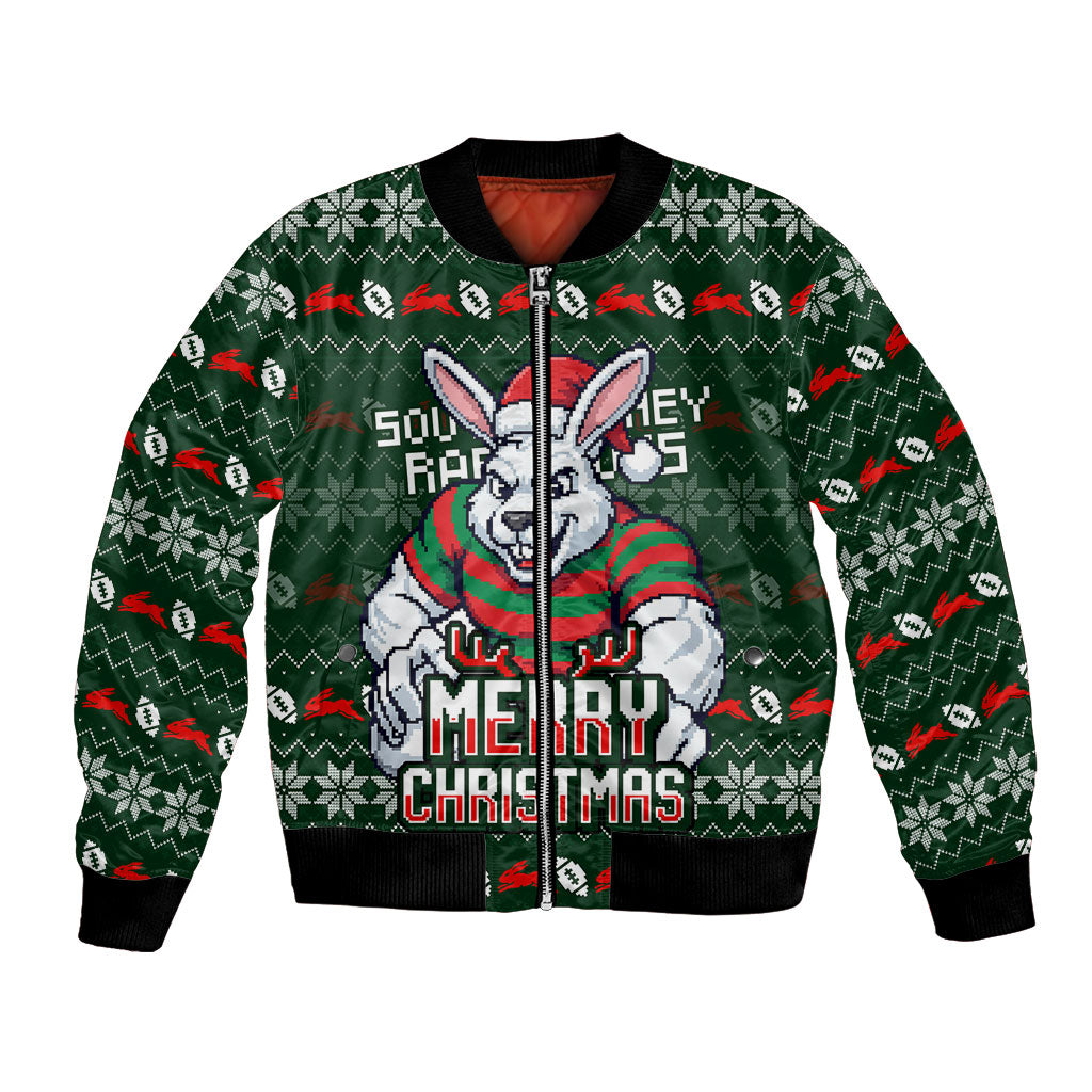 Personalized South Sydney Rabbitohs Christmas Bomber Jacket Australian Rugby Fans - Pixelated Ugly Xmas Pattern Mascot Santa