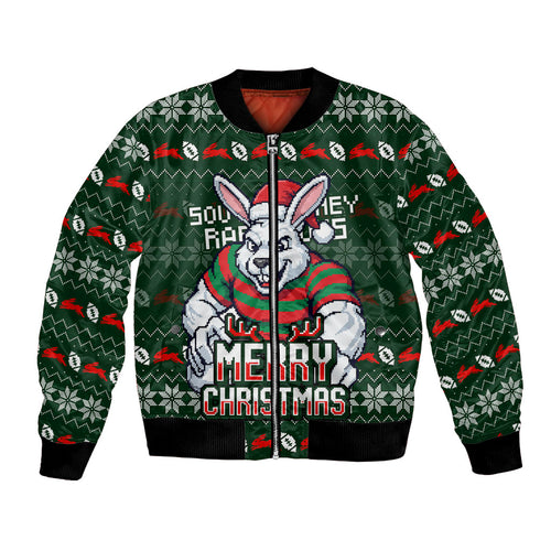 Personalized South Sydney Rabbitohs Christmas Bomber Jacket Australian Rugby Fans - Pixelated Ugly Xmas Pattern Mascot Santa