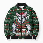 Personalized South Sydney Rabbitohs Christmas Bomber Puffer Jacket Australian Rugby Fans - Pixelated Ugly Xmas Pattern Mascot Santa