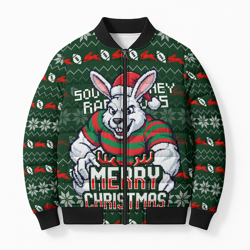 Personalized South Sydney Rabbitohs Christmas Bomber Puffer Jacket Australian Rugby Fans - Pixelated Ugly Xmas Pattern Mascot Santa