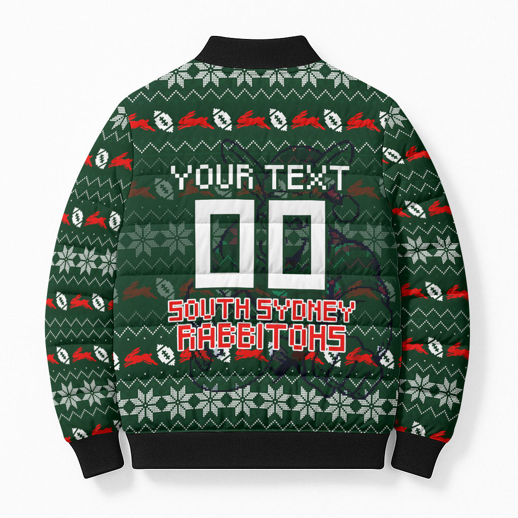 Personalized South Sydney Rabbitohs Christmas Bomber Puffer Jacket Australian Rugby Fans - Pixelated Ugly Xmas Pattern Mascot Santa