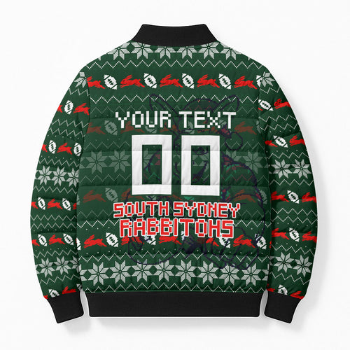 Personalized South Sydney Rabbitohs Christmas Bomber Puffer Jacket Australian Rugby Fans - Pixelated Ugly Xmas Pattern Mascot Santa