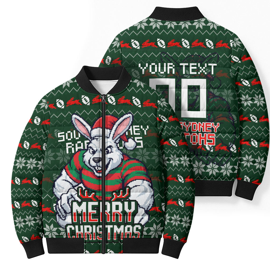 Personalized South Sydney Rabbitohs Christmas Bomber Puffer Jacket Australian Rugby Fans - Pixelated Ugly Xmas Pattern Mascot Santa