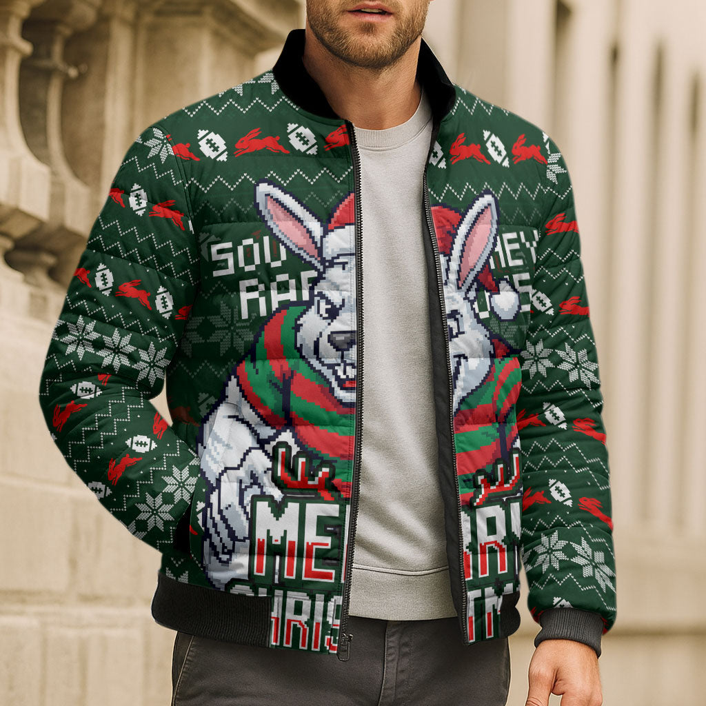 Personalized South Sydney Rabbitohs Christmas Bomber Puffer Jacket Australian Rugby Fans - Pixelated Ugly Xmas Pattern Mascot Santa
