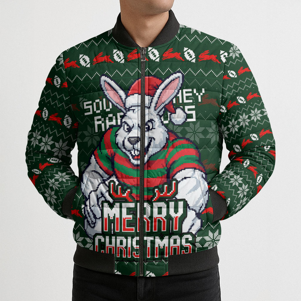 Personalized South Sydney Rabbitohs Christmas Bomber Puffer Jacket Australian Rugby Fans - Pixelated Ugly Xmas Pattern Mascot Santa