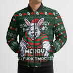 Personalized South Sydney Rabbitohs Christmas Bomber Puffer Jacket Australian Rugby Fans - Pixelated Ugly Xmas Pattern Mascot Santa