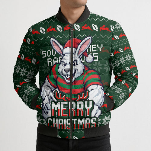 Personalized South Sydney Rabbitohs Christmas Bomber Puffer Jacket Australian Rugby Fans - Pixelated Ugly Xmas Pattern Mascot Santa