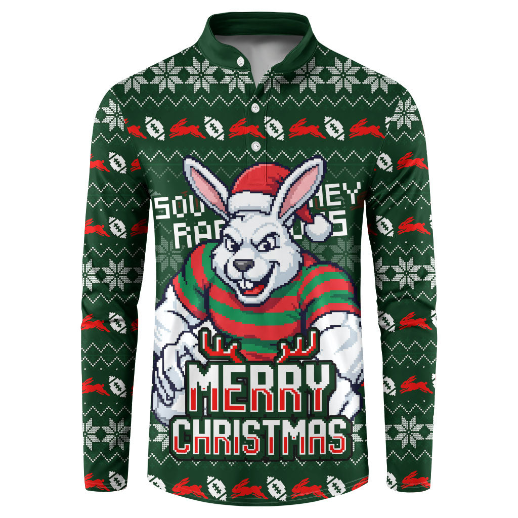 Personalized South Sydney Rabbitohs Christmas Button Sweatshirt Australian Rugby Fans - Pixelated Ugly Xmas Pattern Mascot Santa