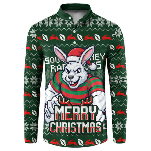 Personalized South Sydney Rabbitohs Christmas Button Sweatshirt Australian Rugby Fans - Pixelated Ugly Xmas Pattern Mascot Santa