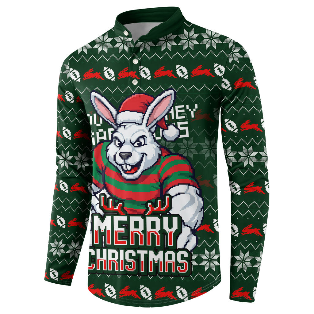 Personalized South Sydney Rabbitohs Christmas Button Sweatshirt Australian Rugby Fans - Pixelated Ugly Xmas Pattern Mascot Santa