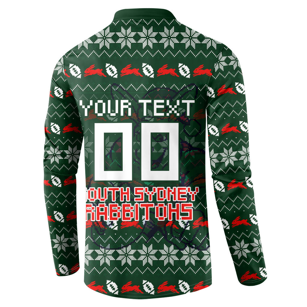 Personalized South Sydney Rabbitohs Christmas Button Sweatshirt Australian Rugby Fans - Pixelated Ugly Xmas Pattern Mascot Santa
