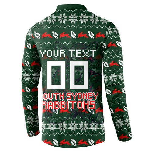 Personalized South Sydney Rabbitohs Christmas Button Sweatshirt Australian Rugby Fans - Pixelated Ugly Xmas Pattern Mascot Santa