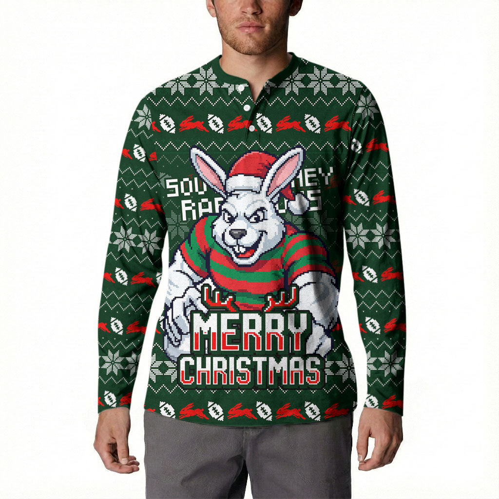 Personalized South Sydney Rabbitohs Christmas Button Sweatshirt Australian Rugby Fans - Pixelated Ugly Xmas Pattern Mascot Santa