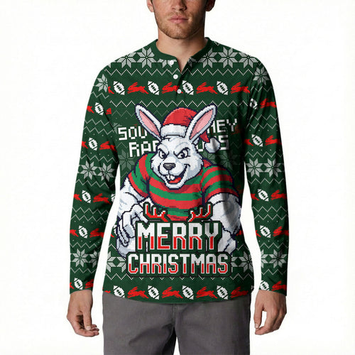 Personalized South Sydney Rabbitohs Christmas Button Sweatshirt Australian Rugby Fans - Pixelated Ugly Xmas Pattern Mascot Santa